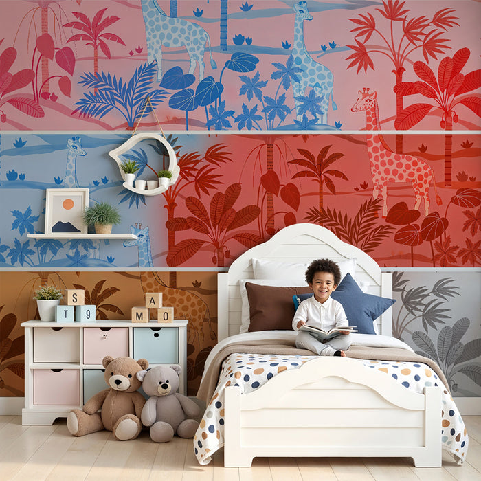 Gyerekek szobájának tapétája | Színes szavanna zsiráfokkal és levelekkel