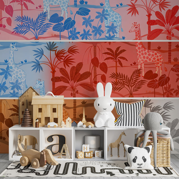 Gyerekek szobájának tapétája | Színes szavanna zsiráfokkal és levelekkel