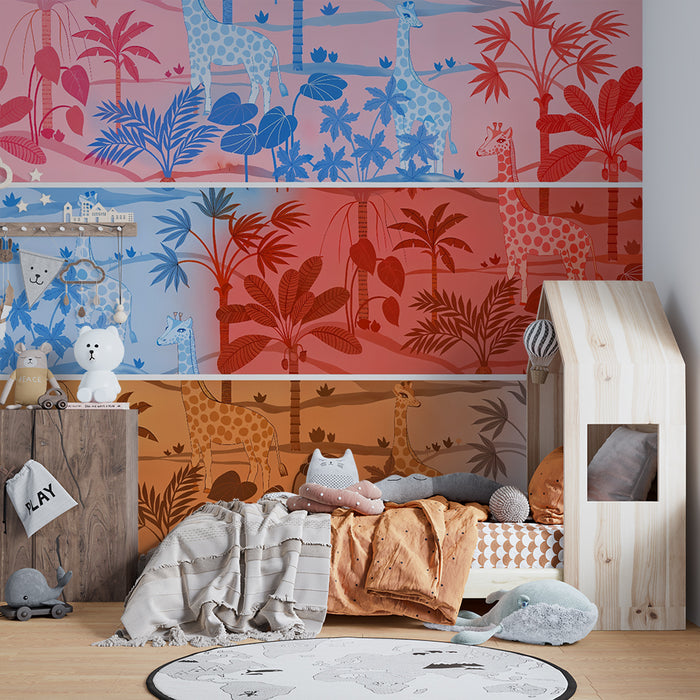 Gyerekek szobájának tapétája | Színes szavanna zsiráfokkal és levelekkel
