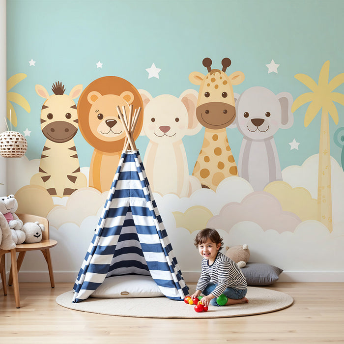 Papier peint chambre bébé | Animaux sauvages et nuages
