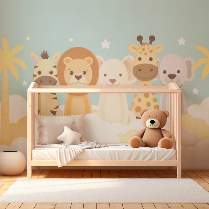 Papier peint chambre bébé | Animaux sauvages et nuages