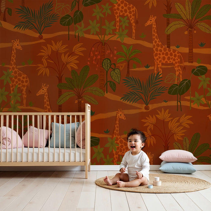 Papier peint chambre enfant | Savane avec girafes et palmiers