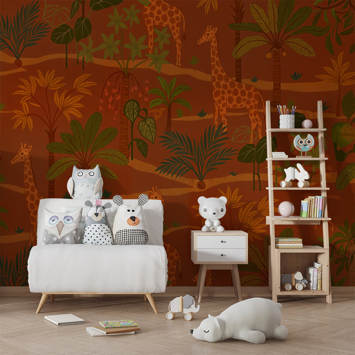 Papier peint chambre enfant | Savane avec girafes et palmiers