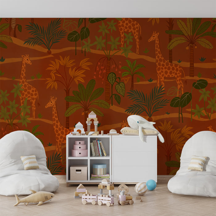 Papier peint chambre enfant | Savane avec girafes et palmiers