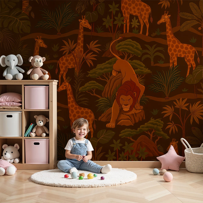 Behang kinderkamer | Wilde safari met leeuwen en giraffen