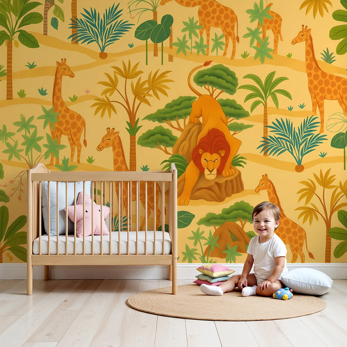 Gyerekek szobájának tapétája | Egzotikus szafari oroszlánokkal és zsiráfokkal