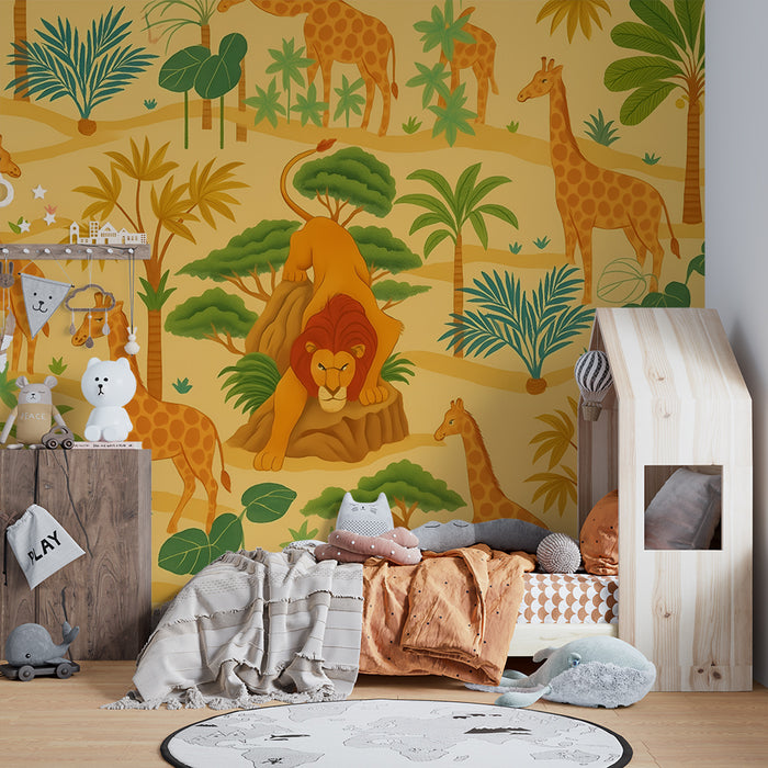 Gyerekek szobájának tapétája | Egzotikus szafari oroszlánokkal és zsiráfokkal