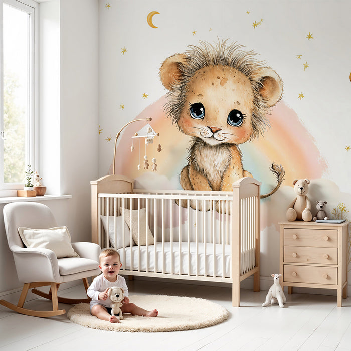 Lastenhuoneen tapetti leijonanpentu | Unelmoiva lapsellinen kuvitus