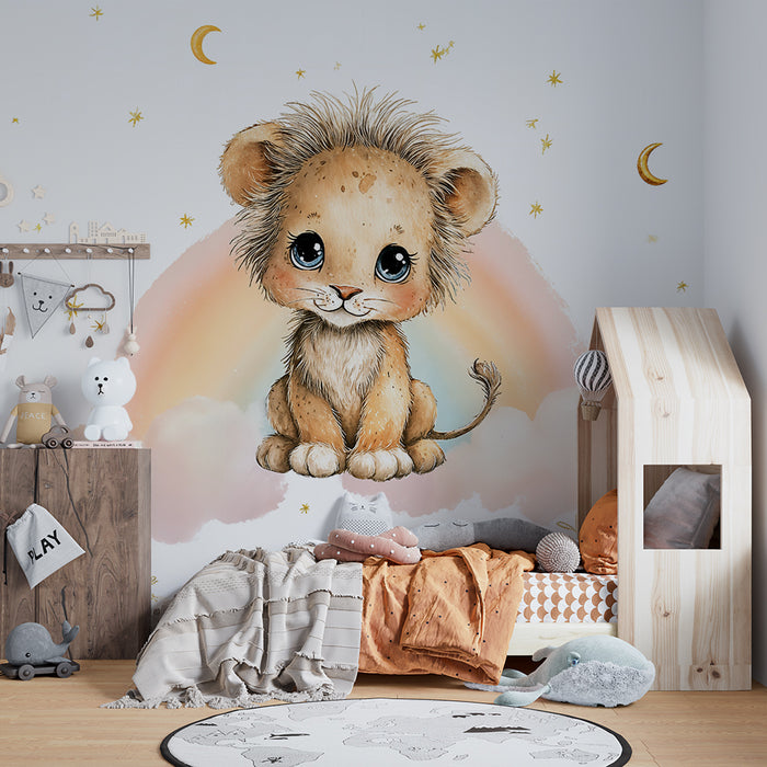 Lastenhuoneen tapetti leijonanpentu | Unelmoiva lapsellinen kuvitus