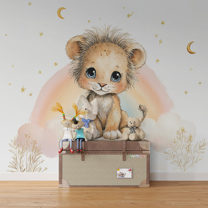 Lastenhuoneen tapetti leijonanpentu | Unelmoiva lapsellinen kuvitus