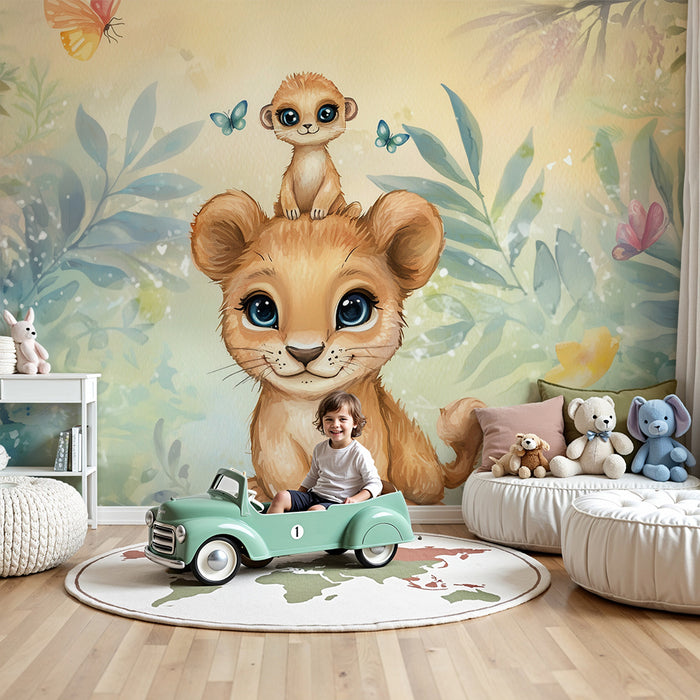 Kinderkamer behang | Speelse welp en stokstaartje