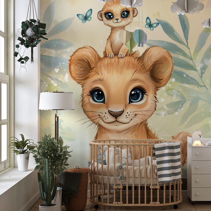 Kinderkamer behang | Speelse welp en stokstaartje