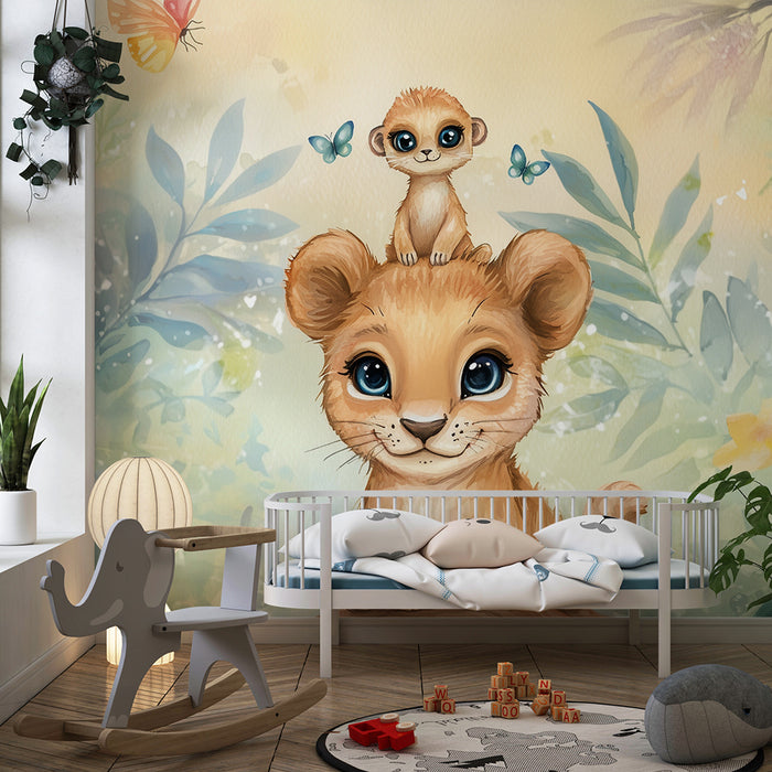 Kinderkamer behang | Speelse welp en stokstaartje