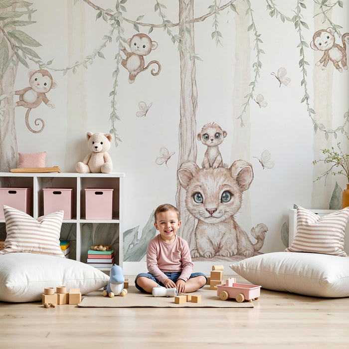 Lastenhuoneen tapetti | Leikkivät apinat ja utelias leijonanpentu