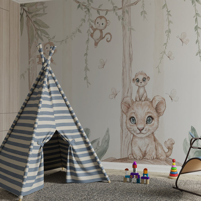 Lastenhuoneen tapetti | Leikkivät apinat ja utelias leijonanpentu