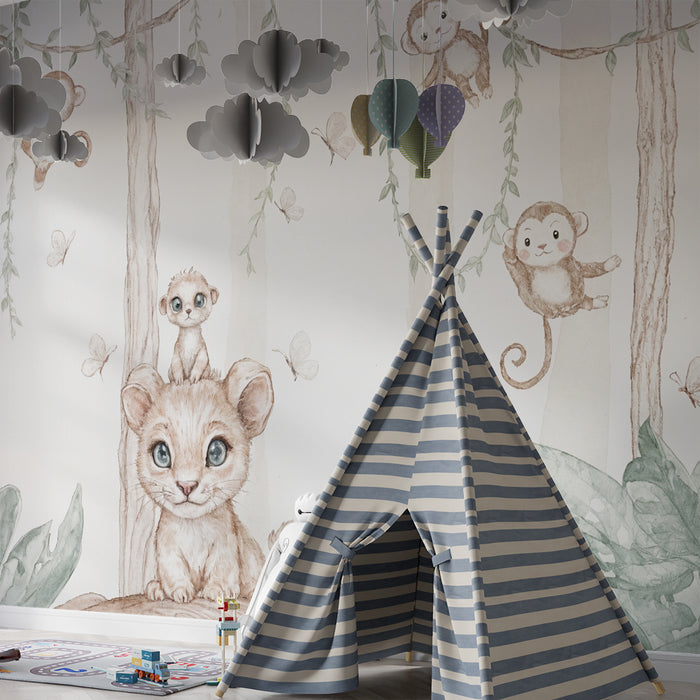 Lastenhuoneen tapetti | Leikkivät apinat ja utelias leijonanpentu