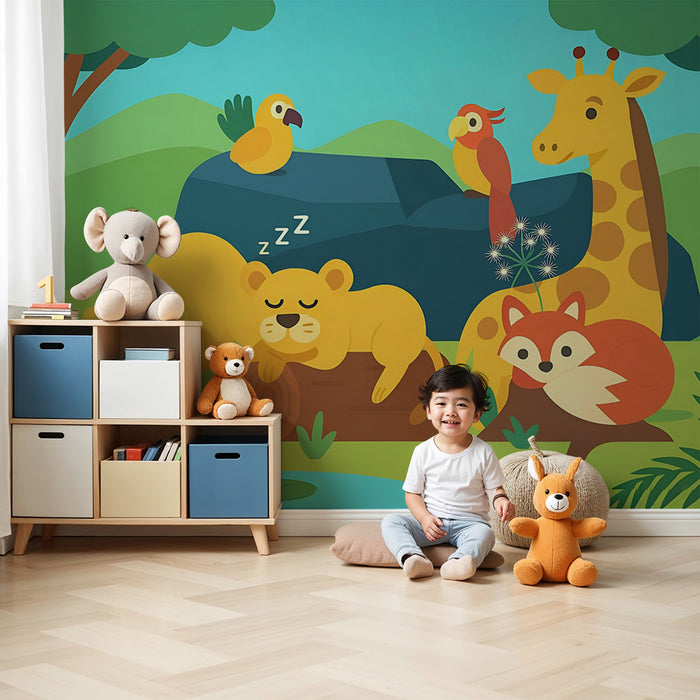 Kinderkamer behang | Zeer kleurrijke savannedieren