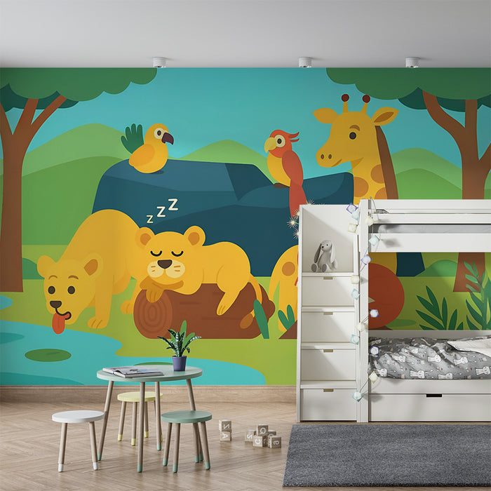 Kinderkamer behang | Zeer kleurrijke savannedieren