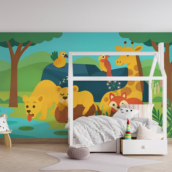 Kinderkamer behang | Zeer kleurrijke savannedieren