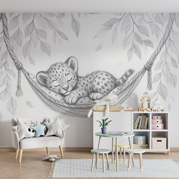 Papel pintado bebé leopardo | Dulzura y ensueño en blanco y negro