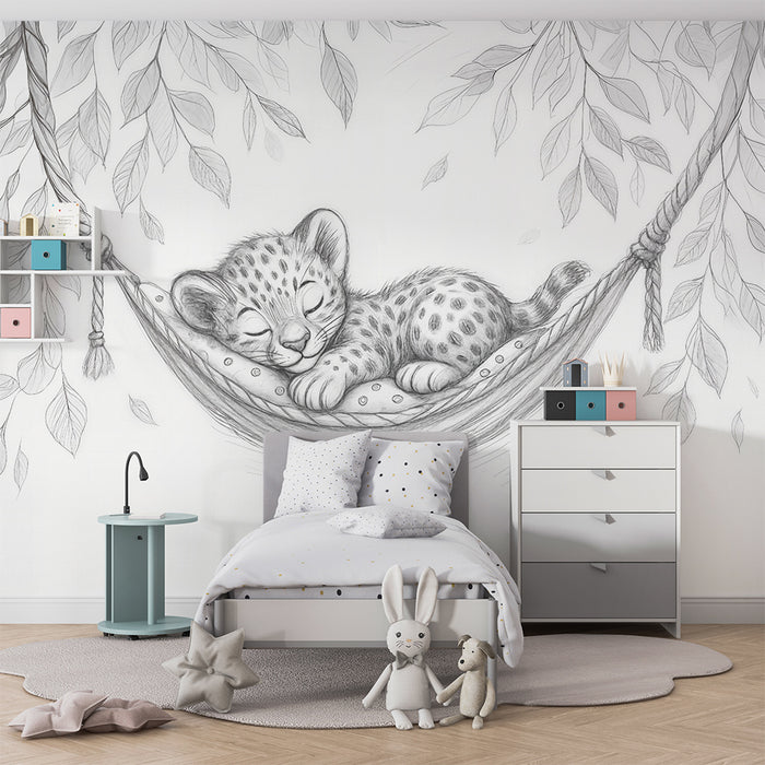 Papel pintado bebé leopardo | Dulzura y ensueño en blanco y negro