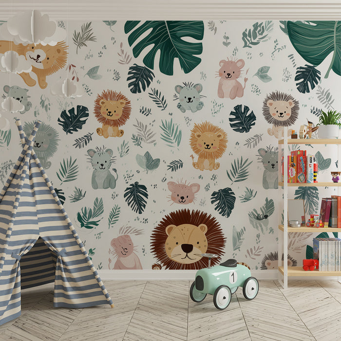 Børneværelse tapet jungle | Dyr og tropiske blade