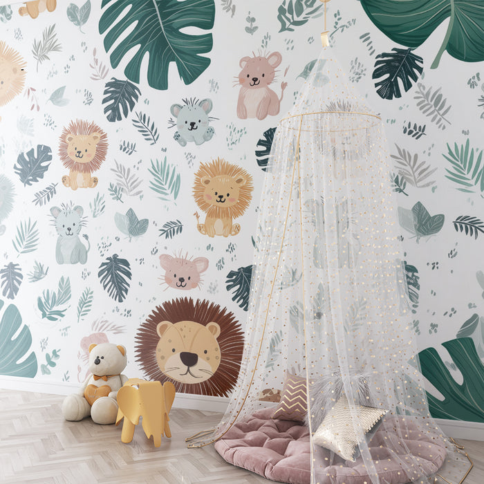 Børneværelse tapet jungle | Dyr og tropiske blade
