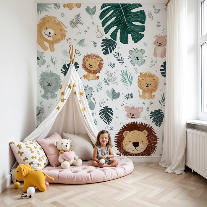 Jungle Tier Tapete | Löwen und tropische Blätter