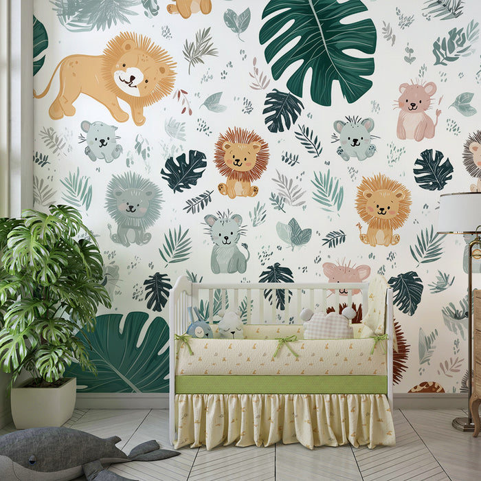 Jungle Tier Tapete | Löwen und tropische Blätter