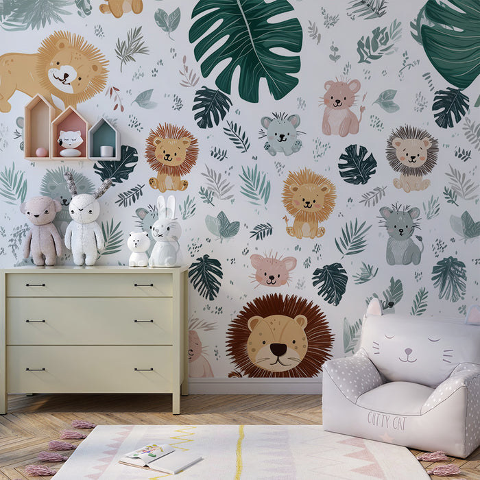 Jungle Tier Tapete | Löwen und tropische Blätter