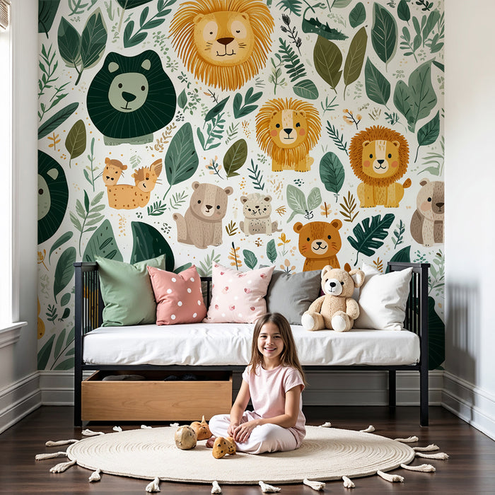 Papier peint jungle pour enfants | Animaux et feuillage colorés