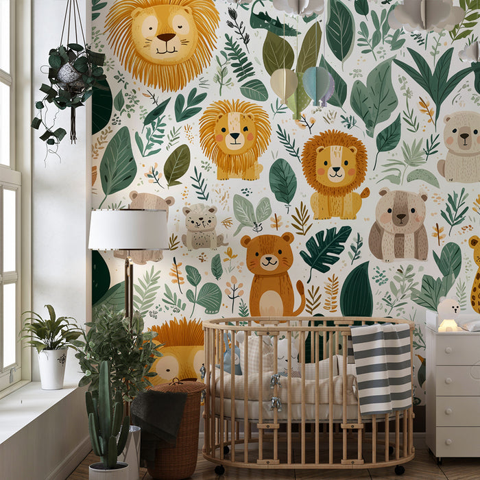 Papier peint jungle pour enfants | Animaux et feuillage colorés
