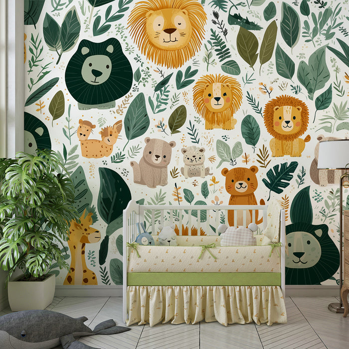 Papier peint jungle pour enfants | Animaux et feuillage colorés