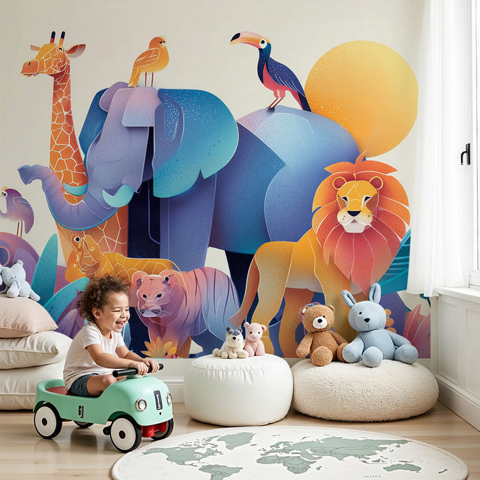 Papier peint chambre enfant | Safari animalier coloré