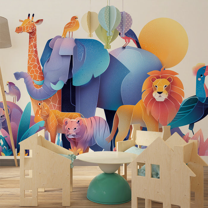 Papier peint chambre enfant | Safari animalier coloré