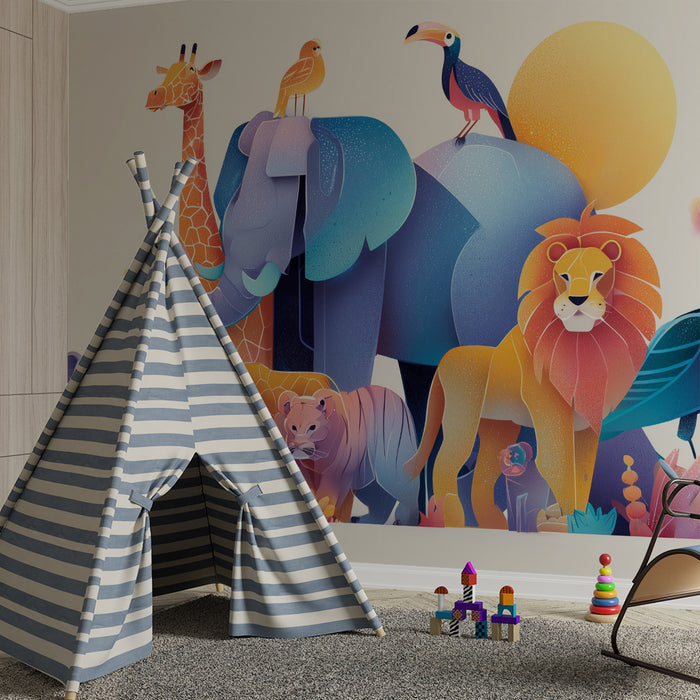 Papier peint chambre enfant | Safari animalier coloré