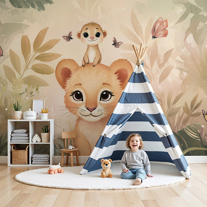 Nursery room wallpaper | Lion cub and butterflies in the jungle
