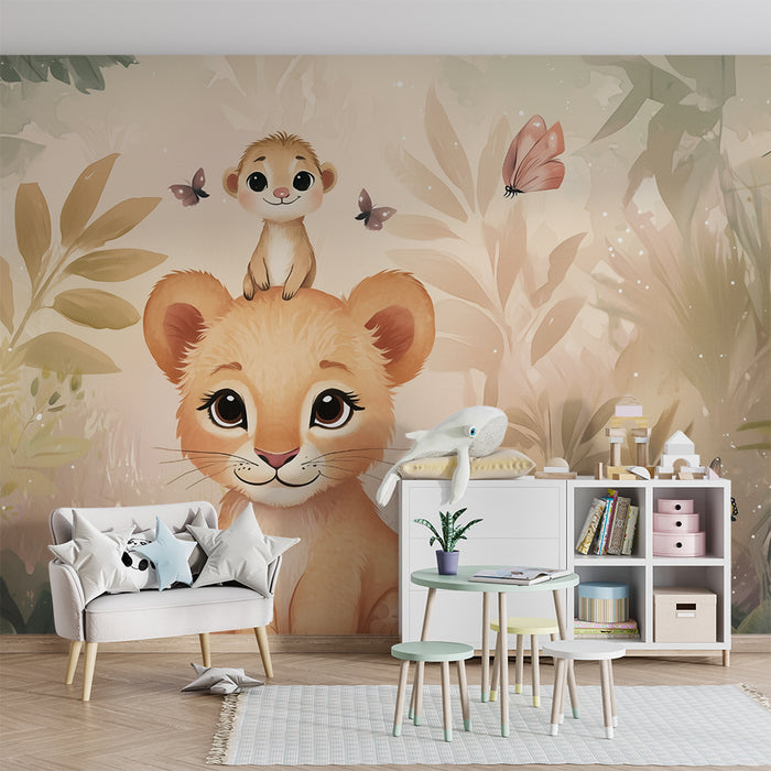 Nursery room wallpaper | Lion cub and butterflies in the jungle