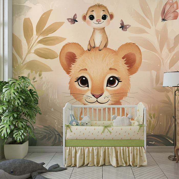 Nursery room wallpaper | Lion cub and butterflies in the jungle
