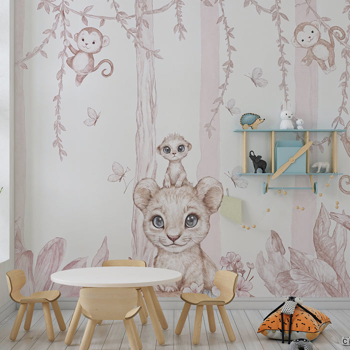 Papel pintado infantil | Animales de la selva en tonos pasteles