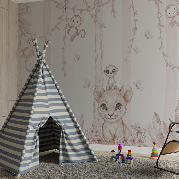 Papel pintado infantil | Animales de la selva en tonos pasteles