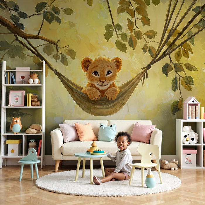 Papier peint chambre bébé | Lionceau dans un hamac