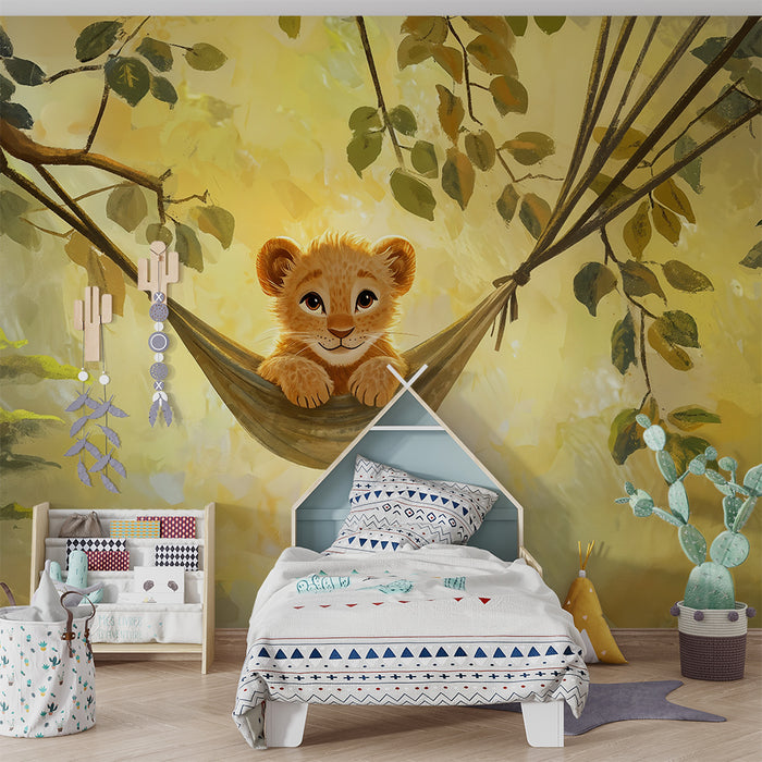 Papier peint chambre bébé | Lionceau dans un hamac