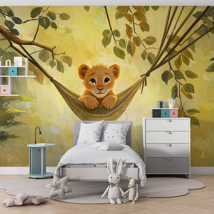 Papier peint chambre bébé | Lionceau dans un hamac