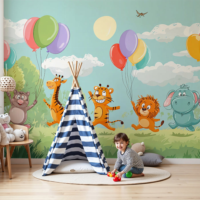 Kinderzimmer Tapete | Fröhliche Tiere mit Luftballons