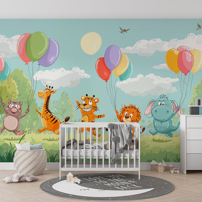 Kinderzimmer Tapete | Fröhliche Tiere mit Luftballons