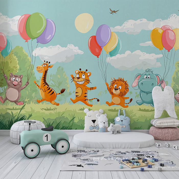 Kinderzimmer Tapete | Fröhliche Tiere mit Luftballons