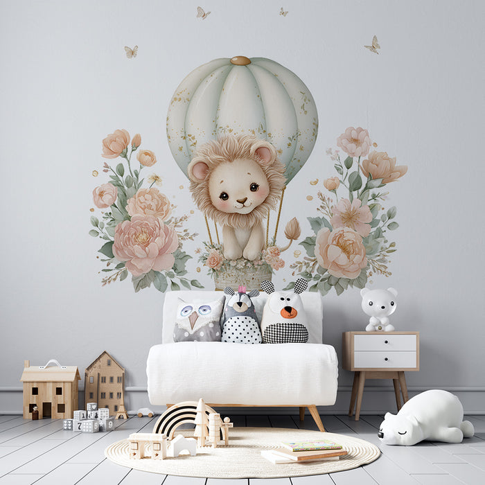 Løveunge tapet og luftballon | Blomstret og barnligt design