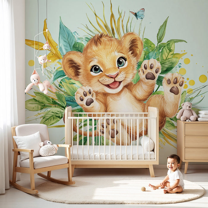 Nursery room wallpaper | Playful lion cub and tropical nature — Kids Wall