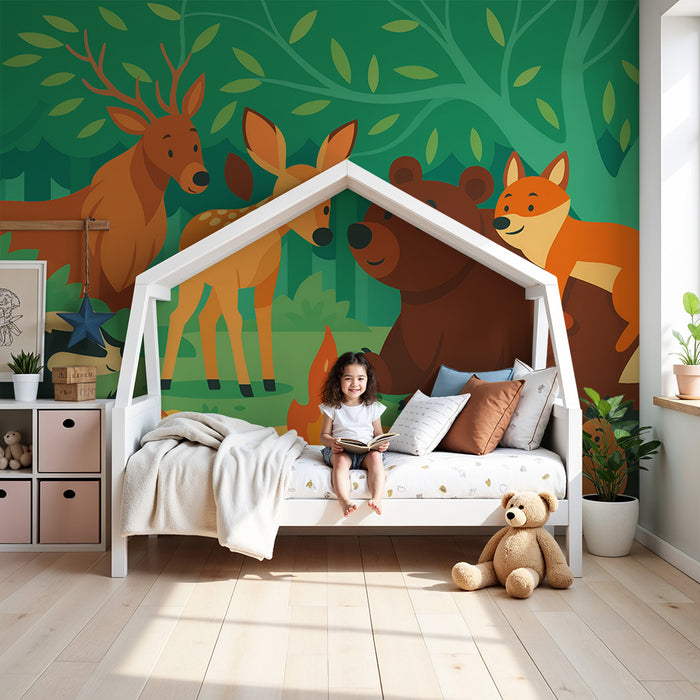 Papier peint chambre enfant | Amis de la forêt autour du feu